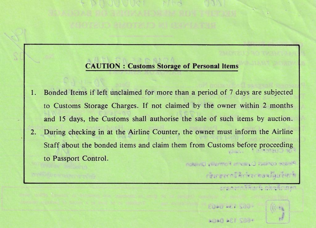 Thai Customs Green Form - Back Instructions